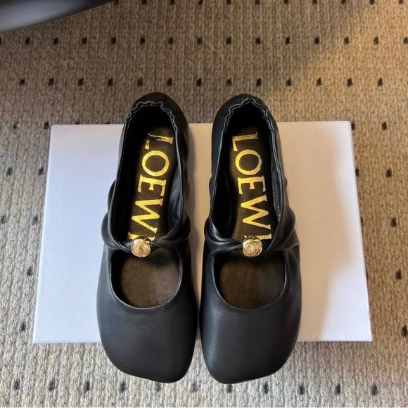 Loewe Shoes - Loewe Black Leather Mary Jane Flats with Gold Button Detail